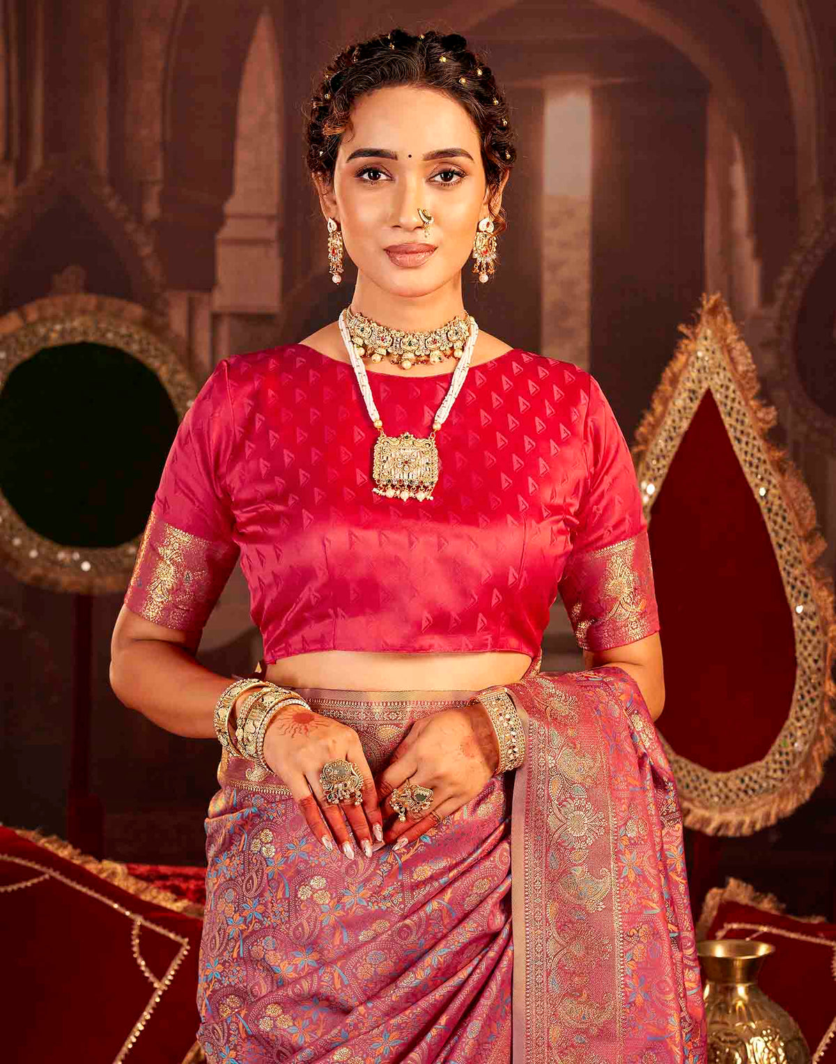 Dusty Rose Pink Silk Woven Banarasi Saree