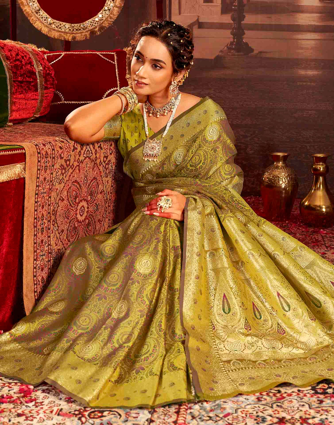 Lime Green Silk Woven Banarasi Saree