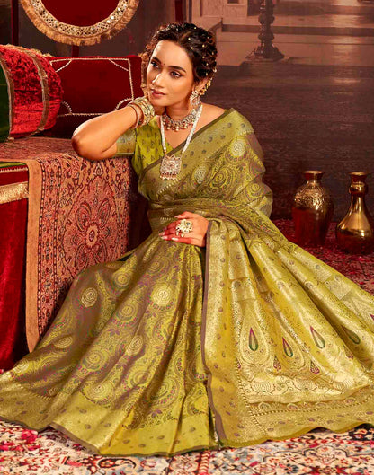 Lime Green Silk Woven Banarasi Saree