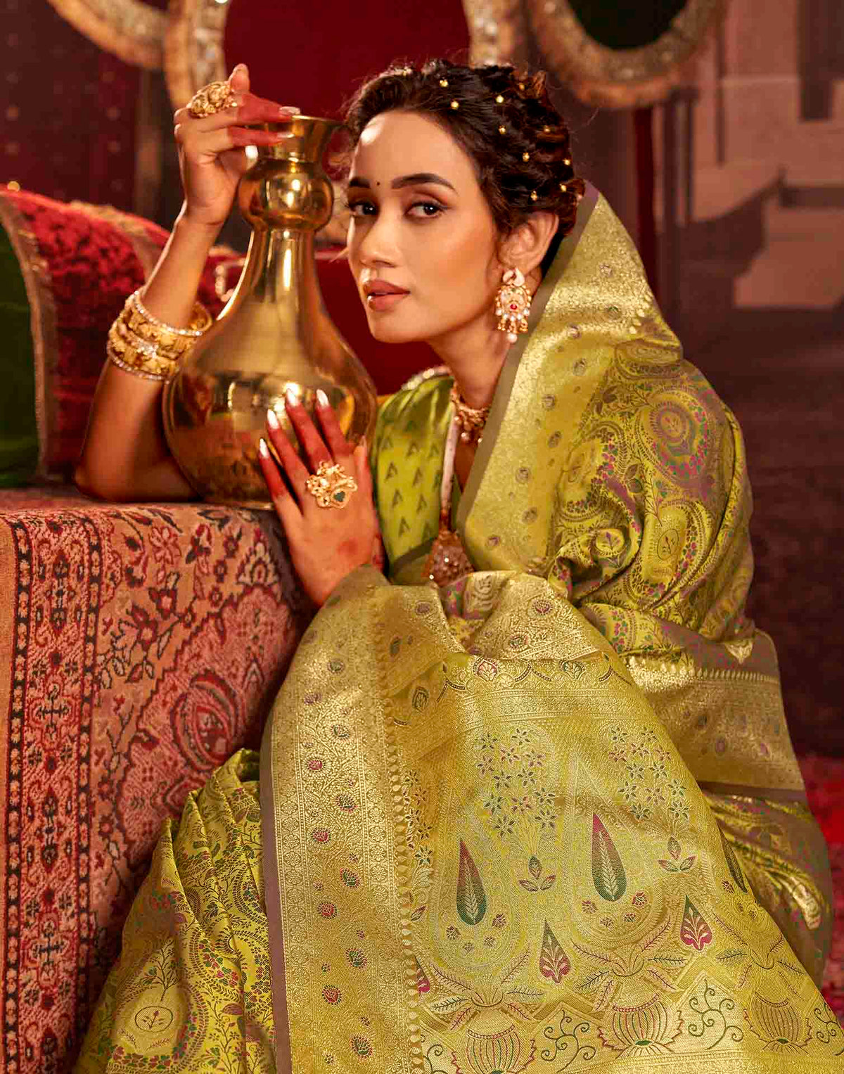 Lime Green Silk Woven Banarasi Saree