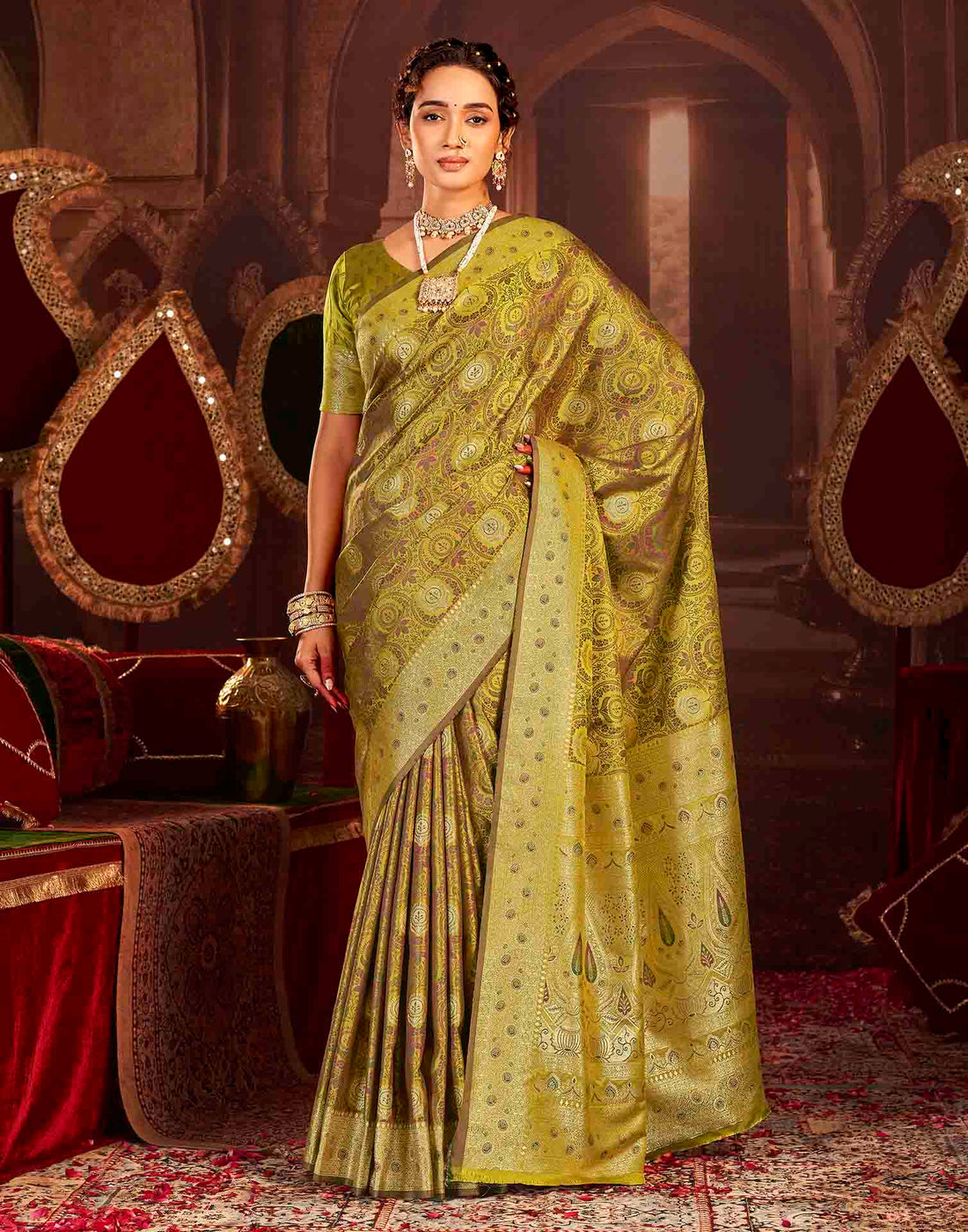 Lime Green Silk Woven Banarasi Saree