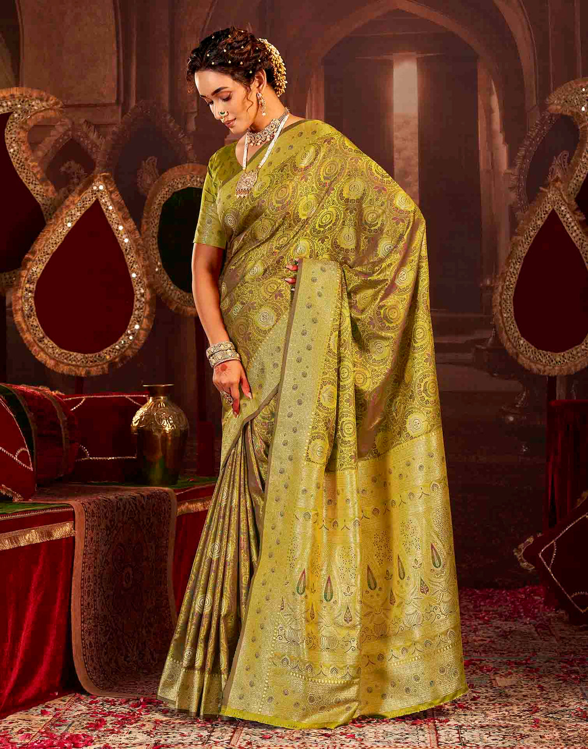 Lime Green Silk Woven Banarasi Saree