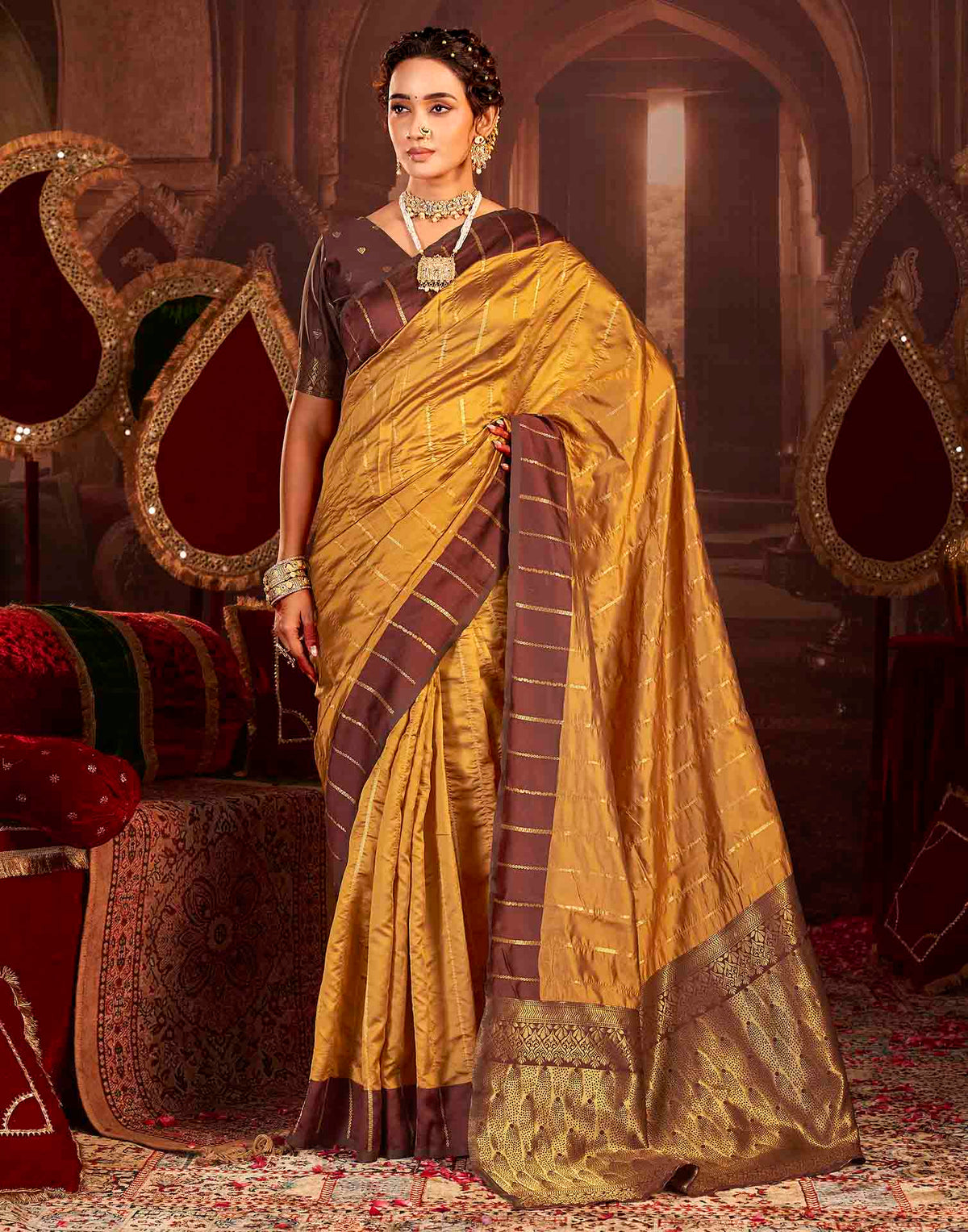 Camel Brown Silk Woven Zari Stripe Saree