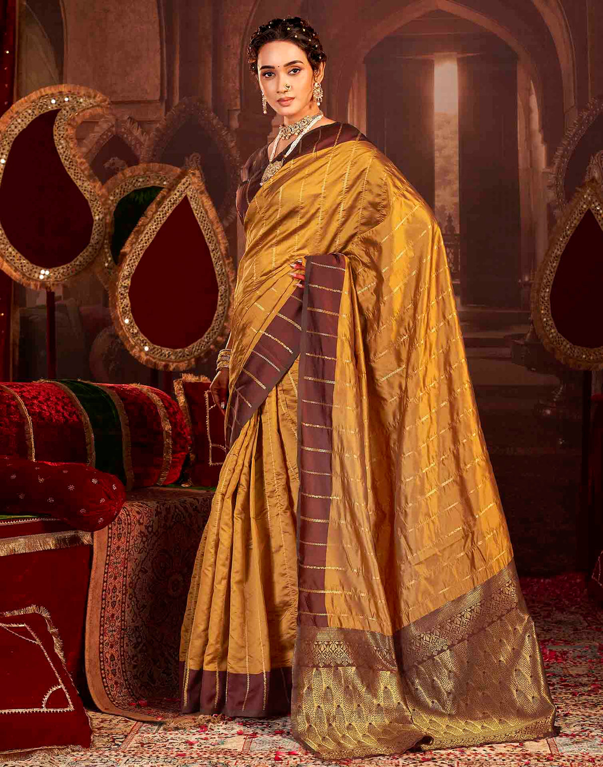 Camel Brown Silk Woven Zari Stripe Saree