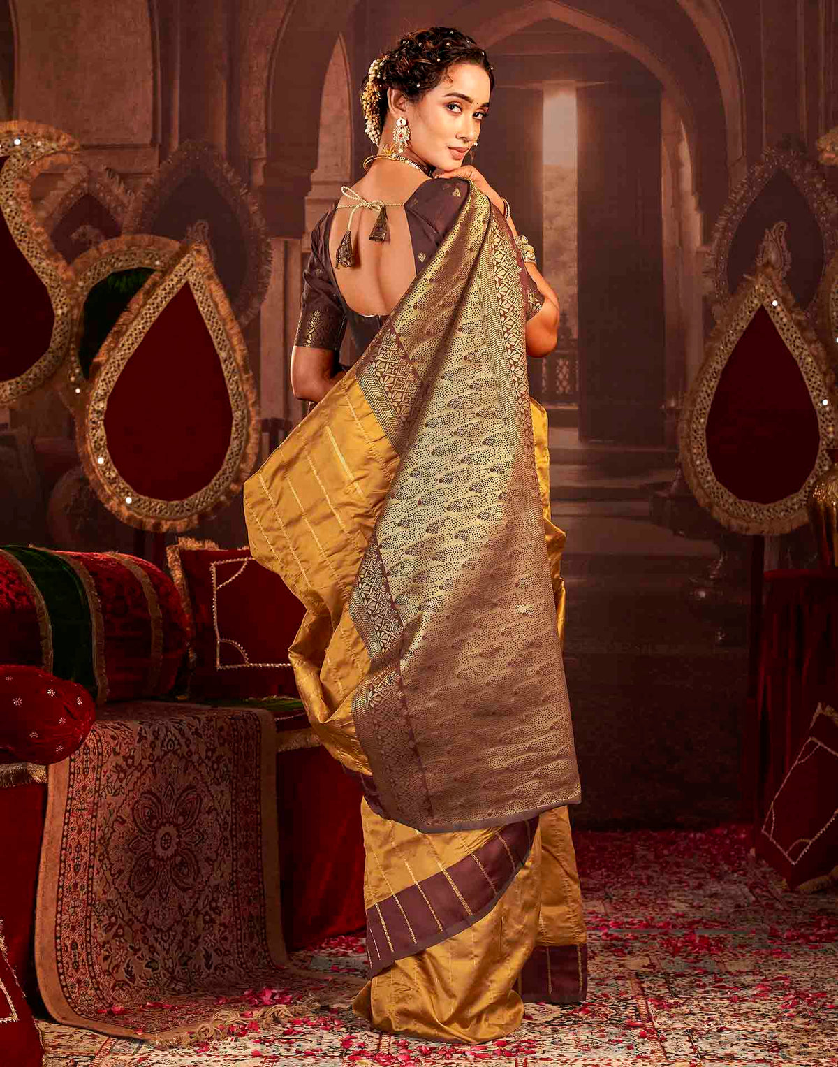 Camel Brown Silk Woven Zari Stripe Saree