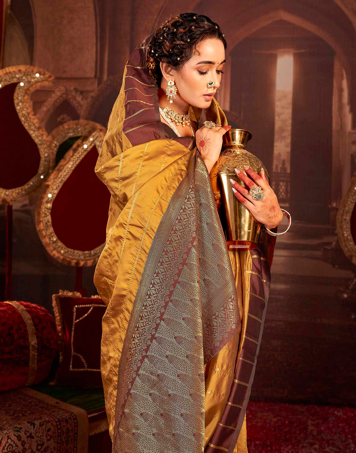 Camel Brown Silk Woven Zari Stripe Saree