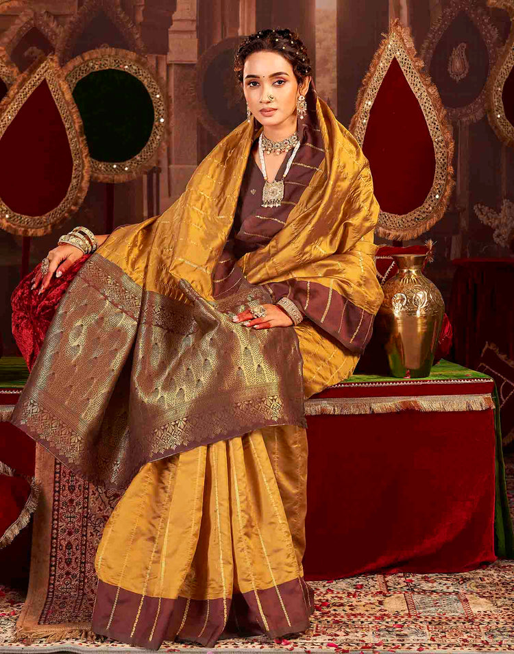 Camel Brown Silk Woven Zari Stripe Saree