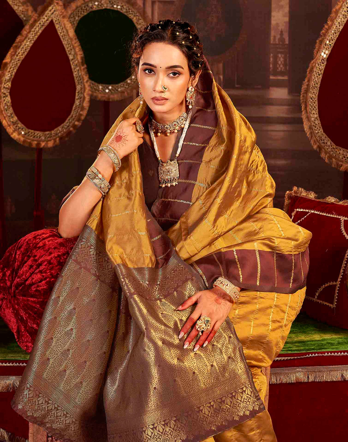 Camel Brown Silk Woven Zari Stripe Saree