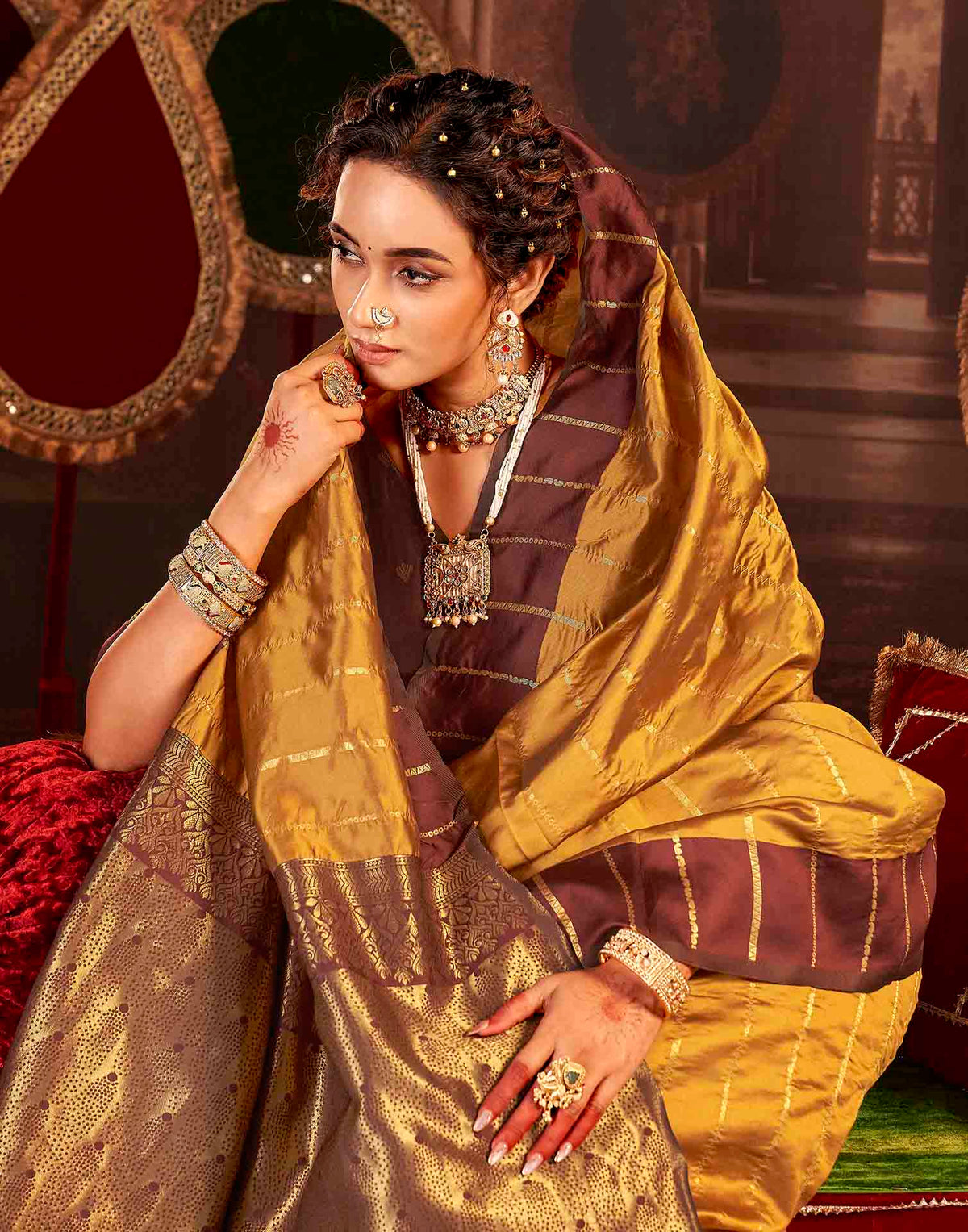 Camel Brown Silk Woven Zari Stripe Saree