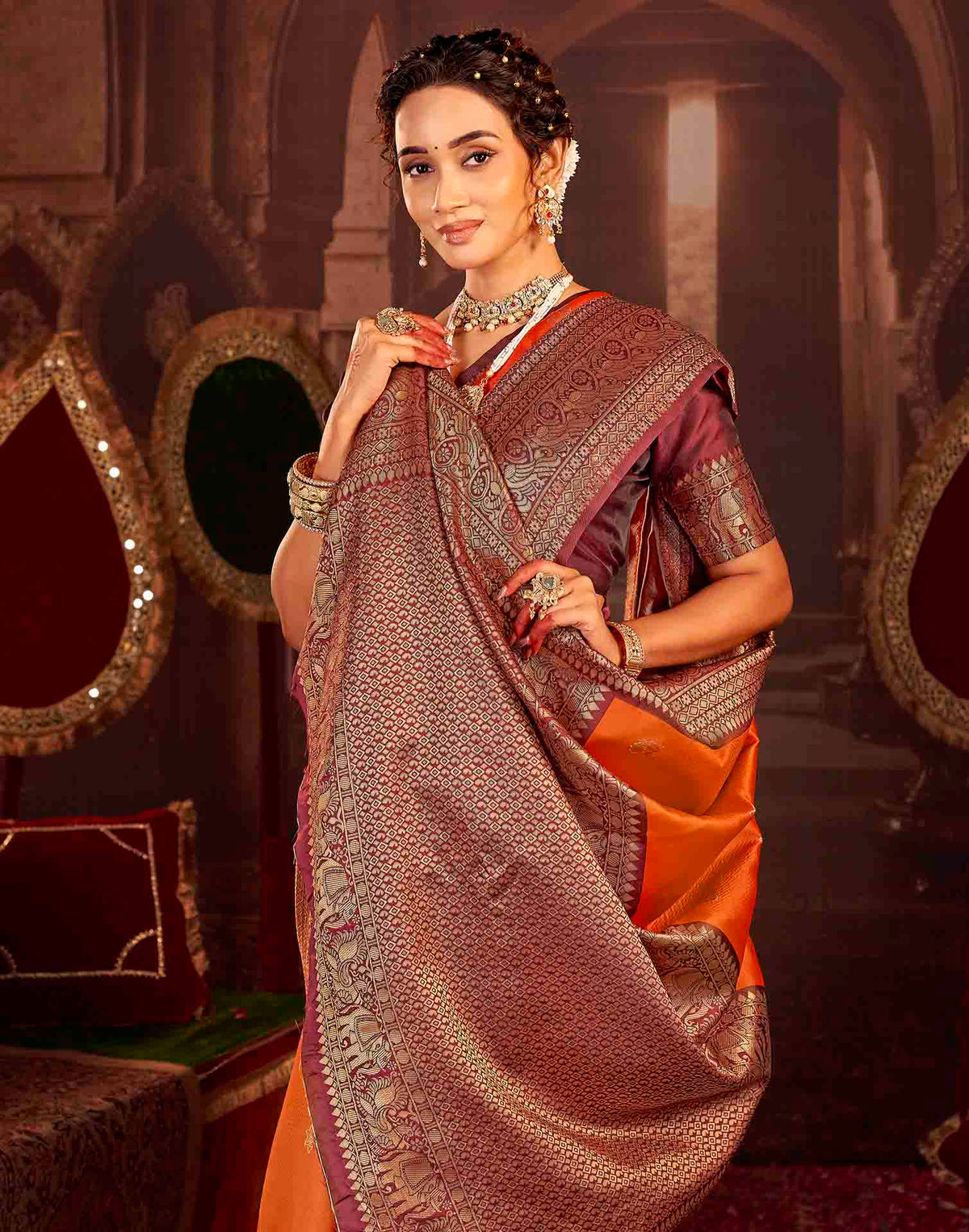 Orange Silk Woven Banarasi Saree