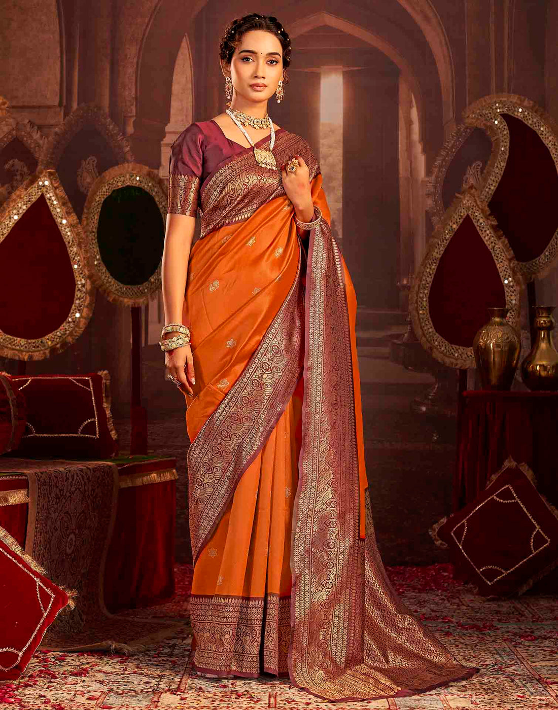Orange Silk Woven Banarasi Saree