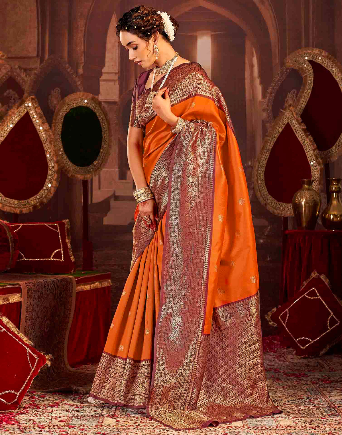 Orange Silk Woven Banarasi Saree