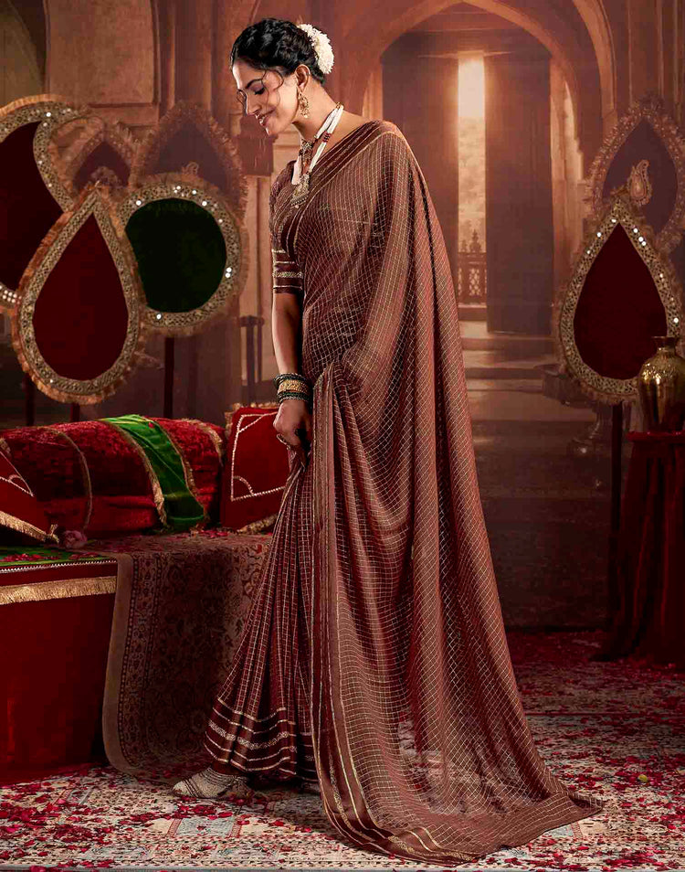 Chocolate Brown Georgette Woven Checked Saree