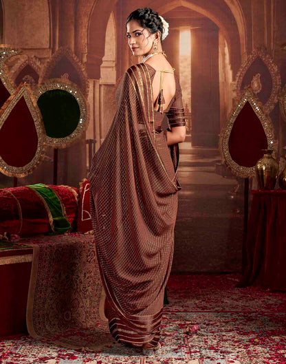 Chocolate Brown Georgette Woven Checked Saree