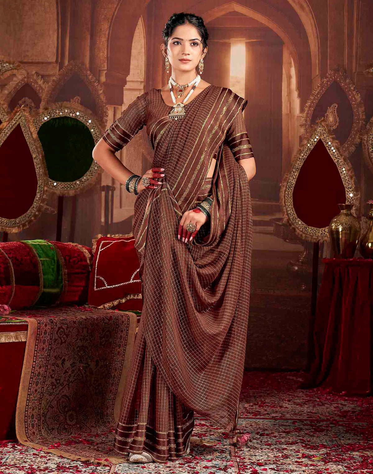 Chocolate Brown Georgette Woven Checked Saree
