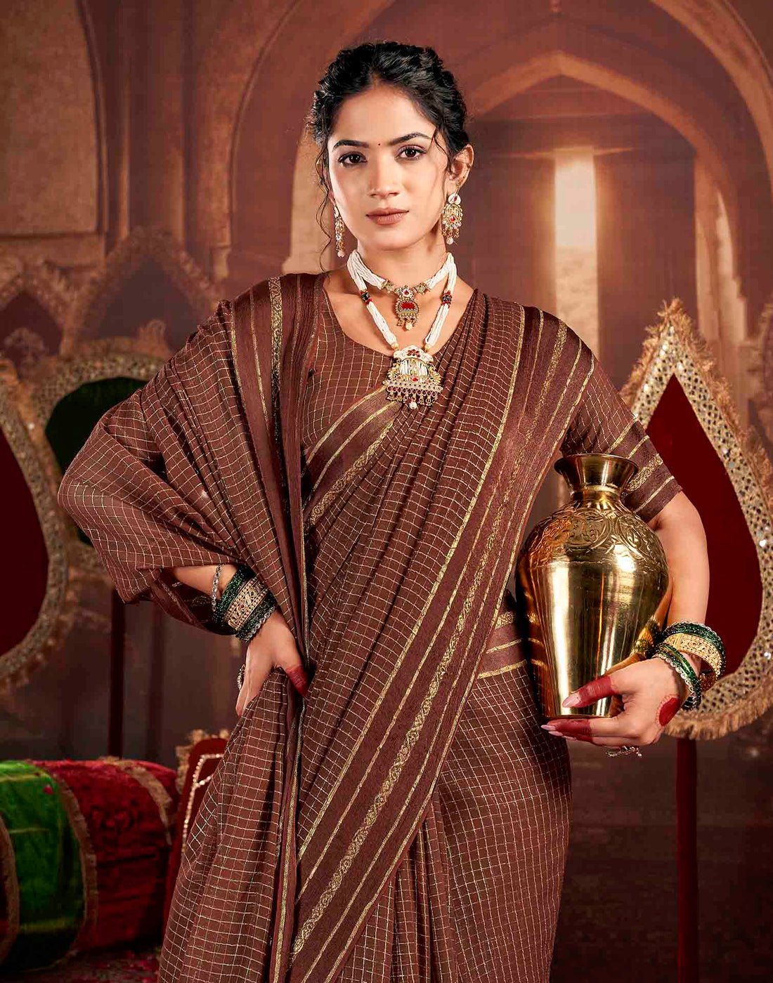 Chocolate Brown Georgette Woven Checked Saree
