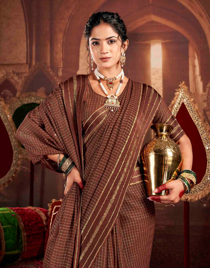 Chocolate Brown Georgette Woven Checked Saree