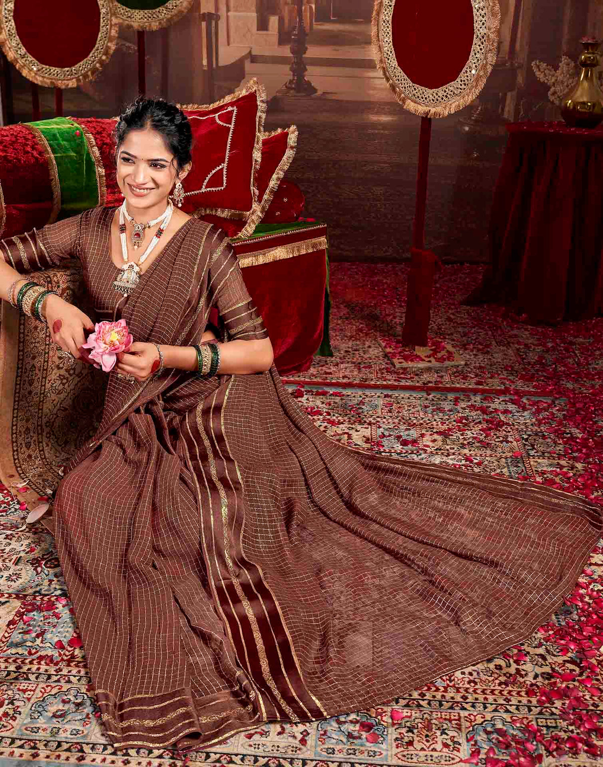 Chocolate Brown Georgette Woven Checked Saree