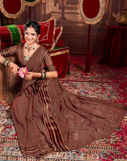 Chocolate Brown Georgette Woven Checked Saree