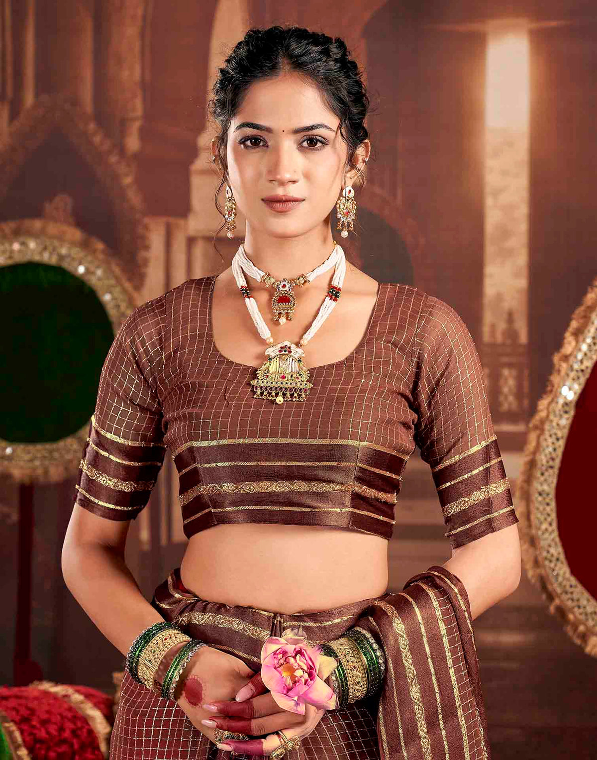 Chocolate Brown Georgette Woven Checked Saree