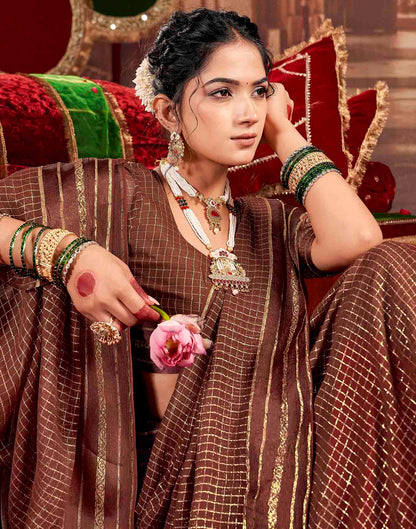 Chocolate Brown Georgette Woven Checked Saree