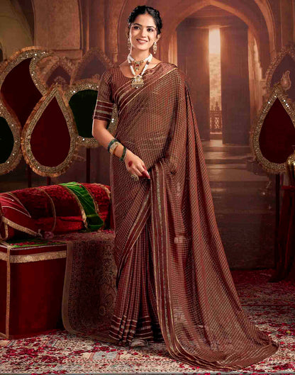 Chocolate Brown Georgette Woven Checked Saree