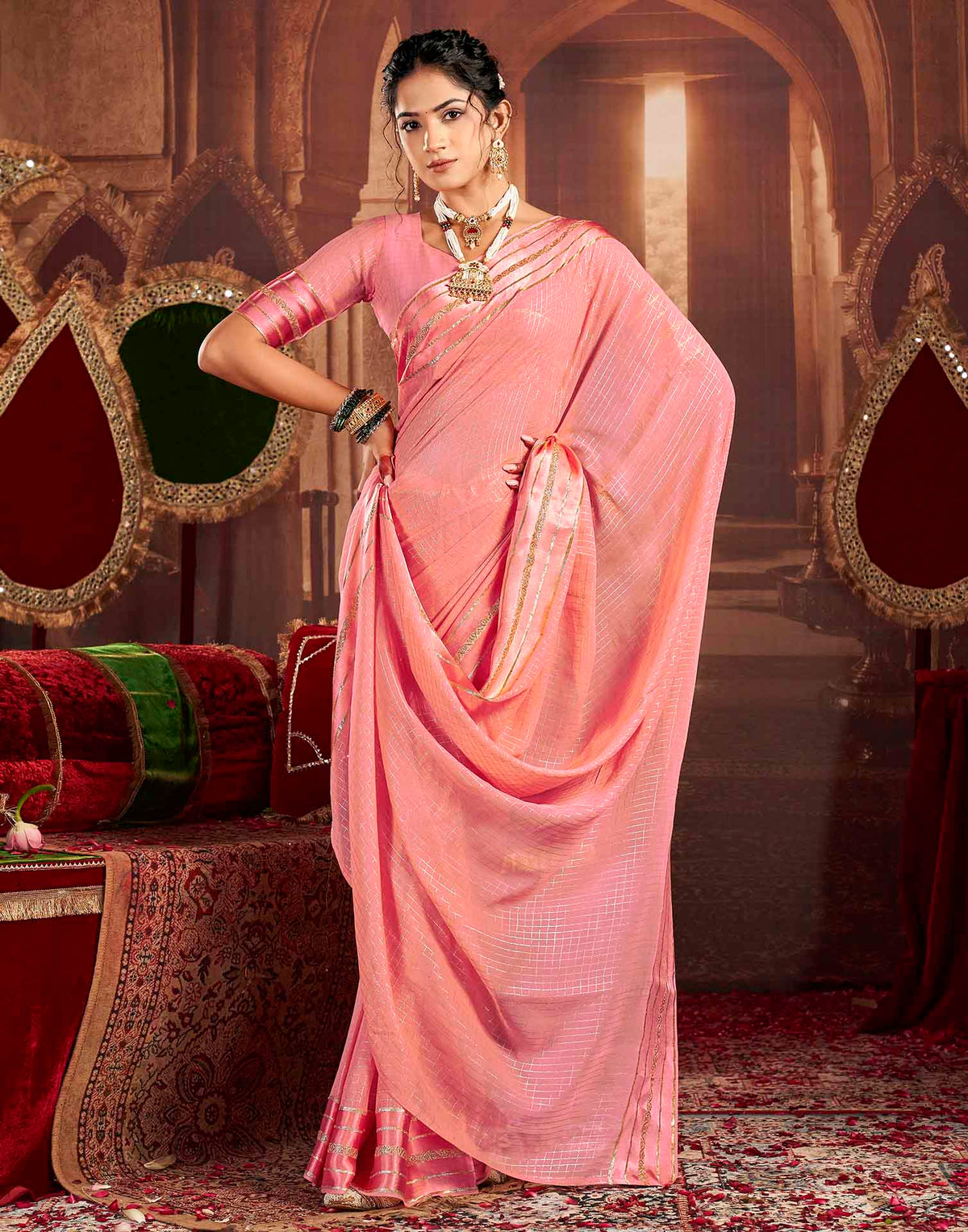 Baby Pink Georgette Woven Checked Saree
