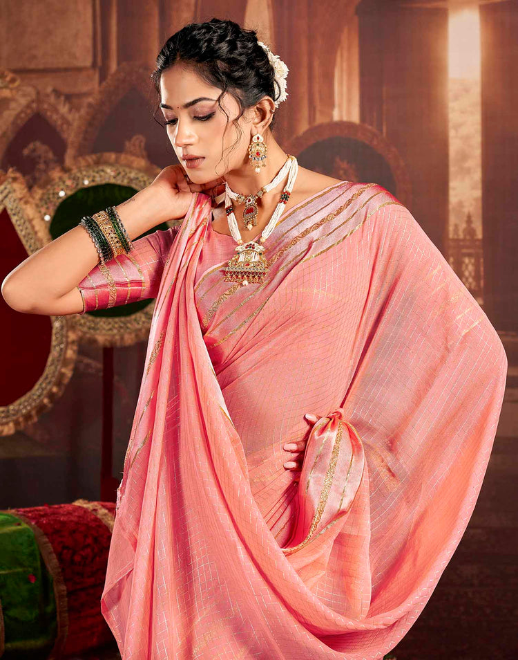 Baby Pink Georgette Woven Checked Saree