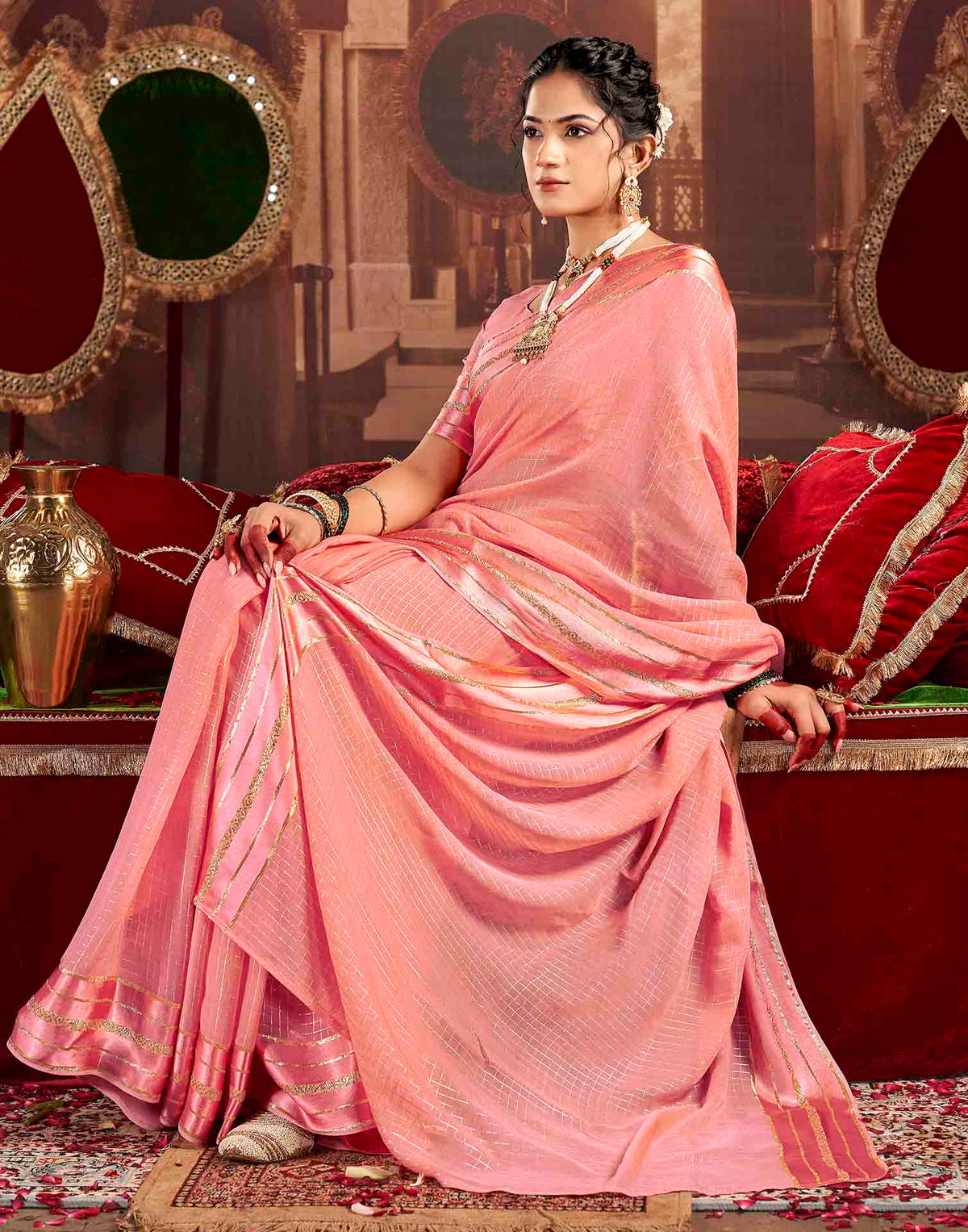 Baby Pink Georgette Woven Checked Saree