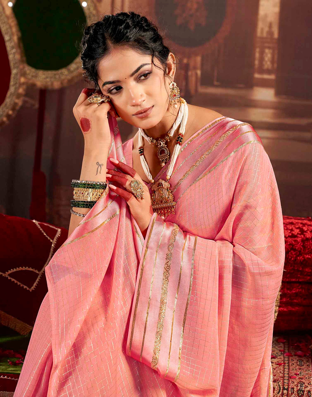 Baby Pink Georgette Woven Checked Saree