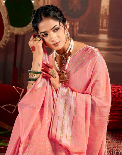 Baby Pink Georgette Woven Checked Saree