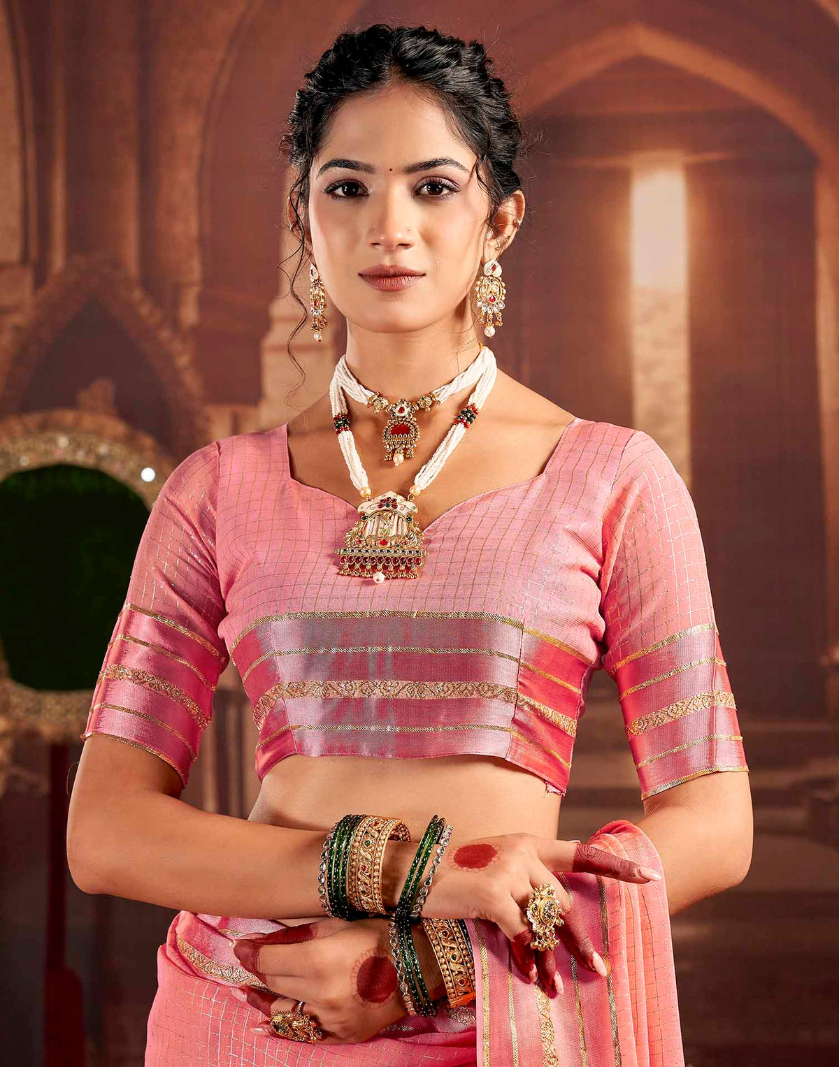 Baby Pink Georgette Woven Checked Saree