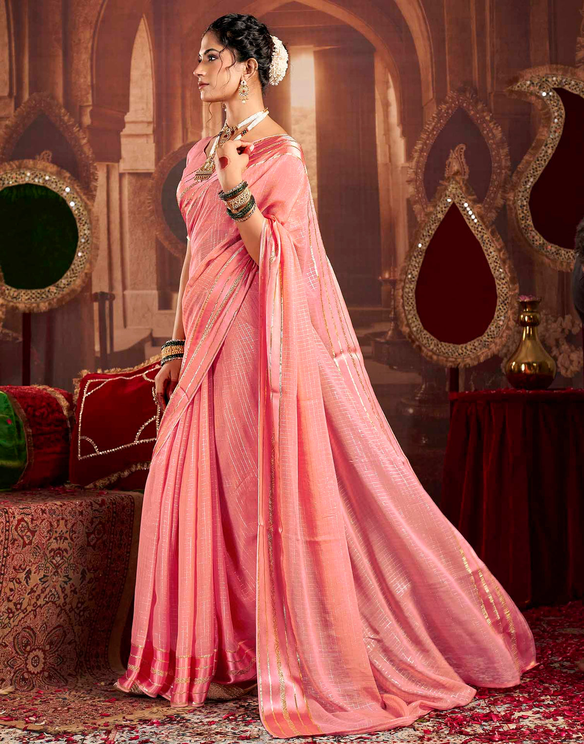 Baby Pink Georgette Woven Checked Saree