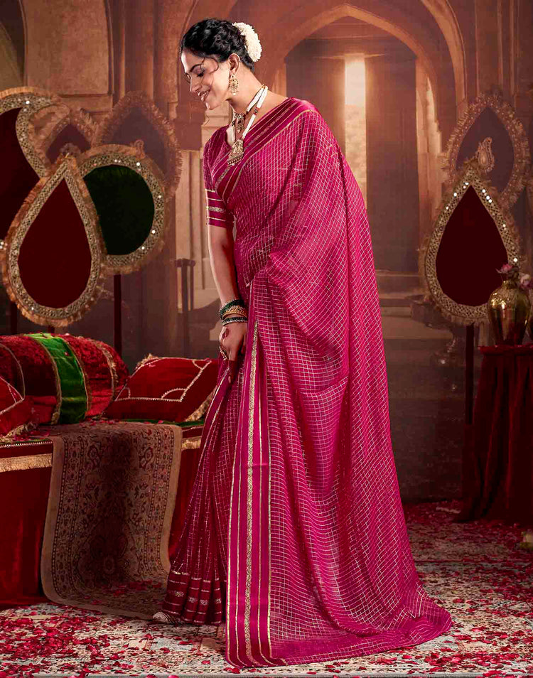 Rani Pink Georgette Woven Checked Saree