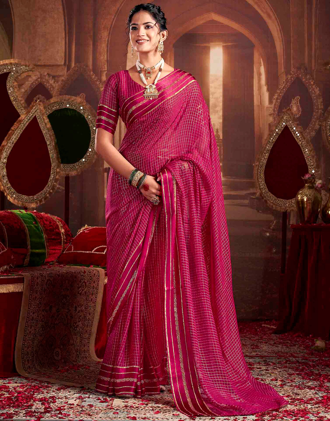 Rani Pink Georgette Woven Checked Saree