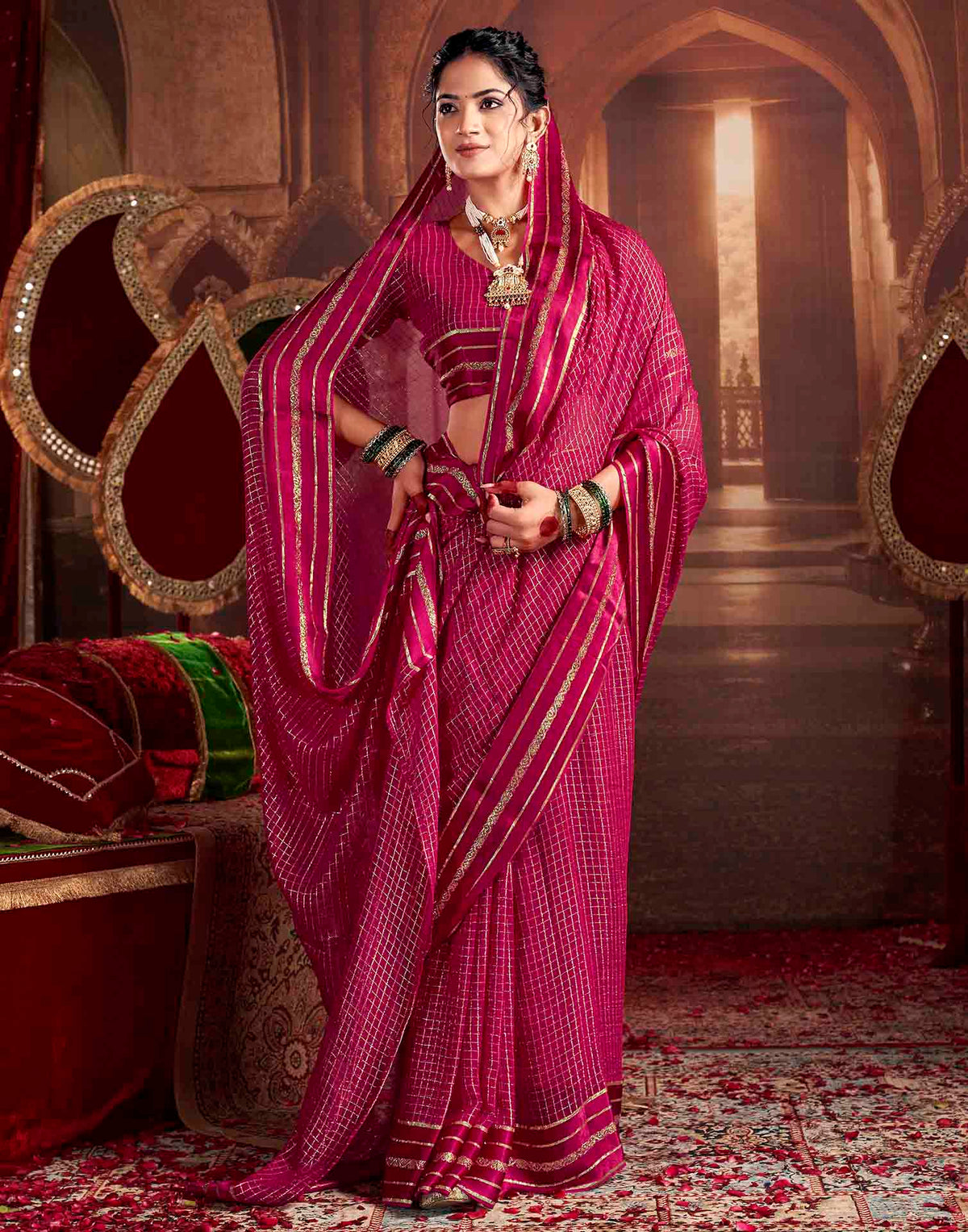 Rani Pink Georgette Woven Checked Saree