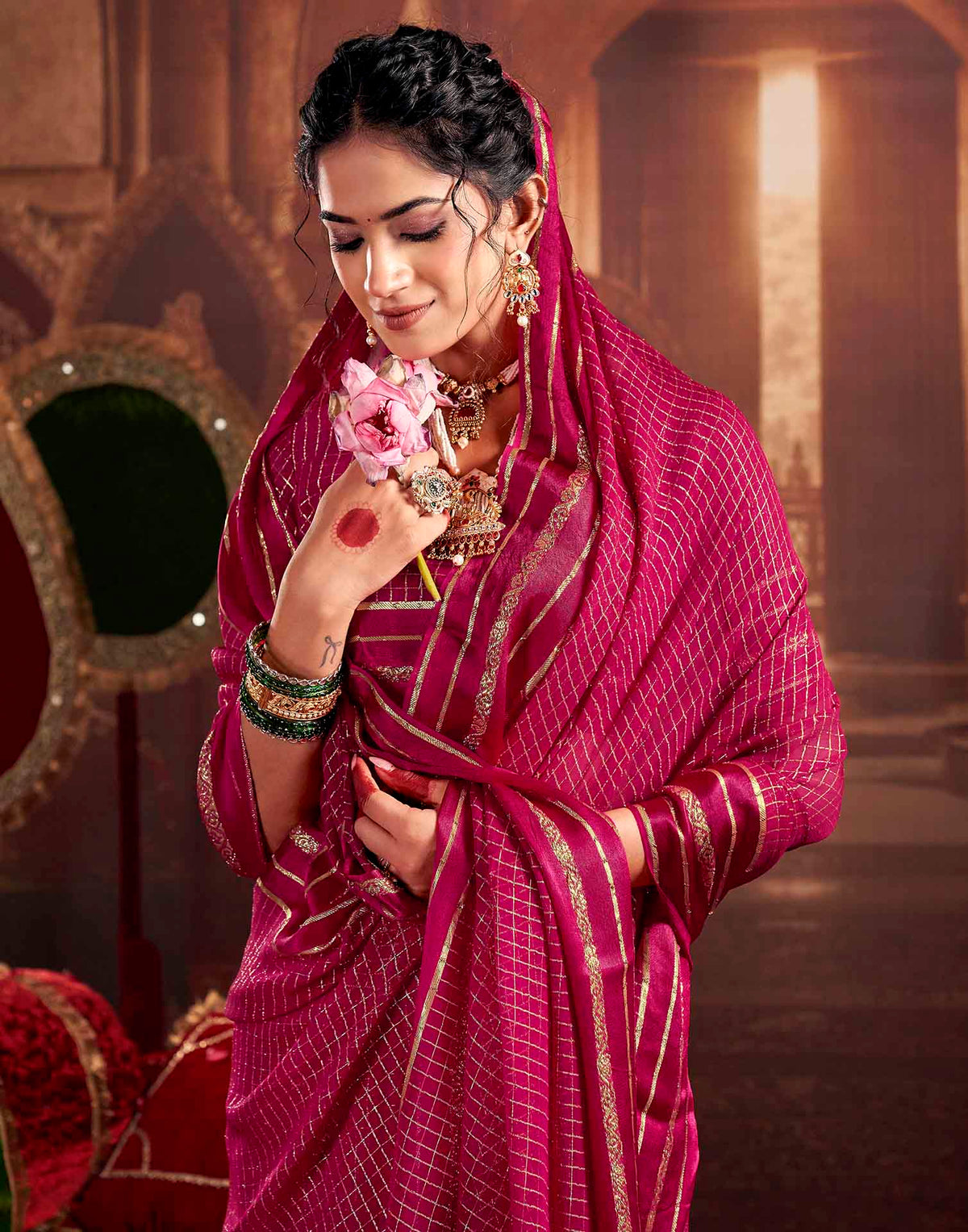 Rani Pink Georgette Woven Checked Saree