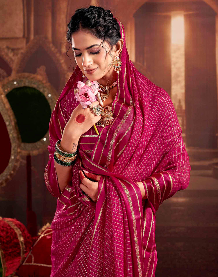 Rani Pink Georgette Woven Checked Saree