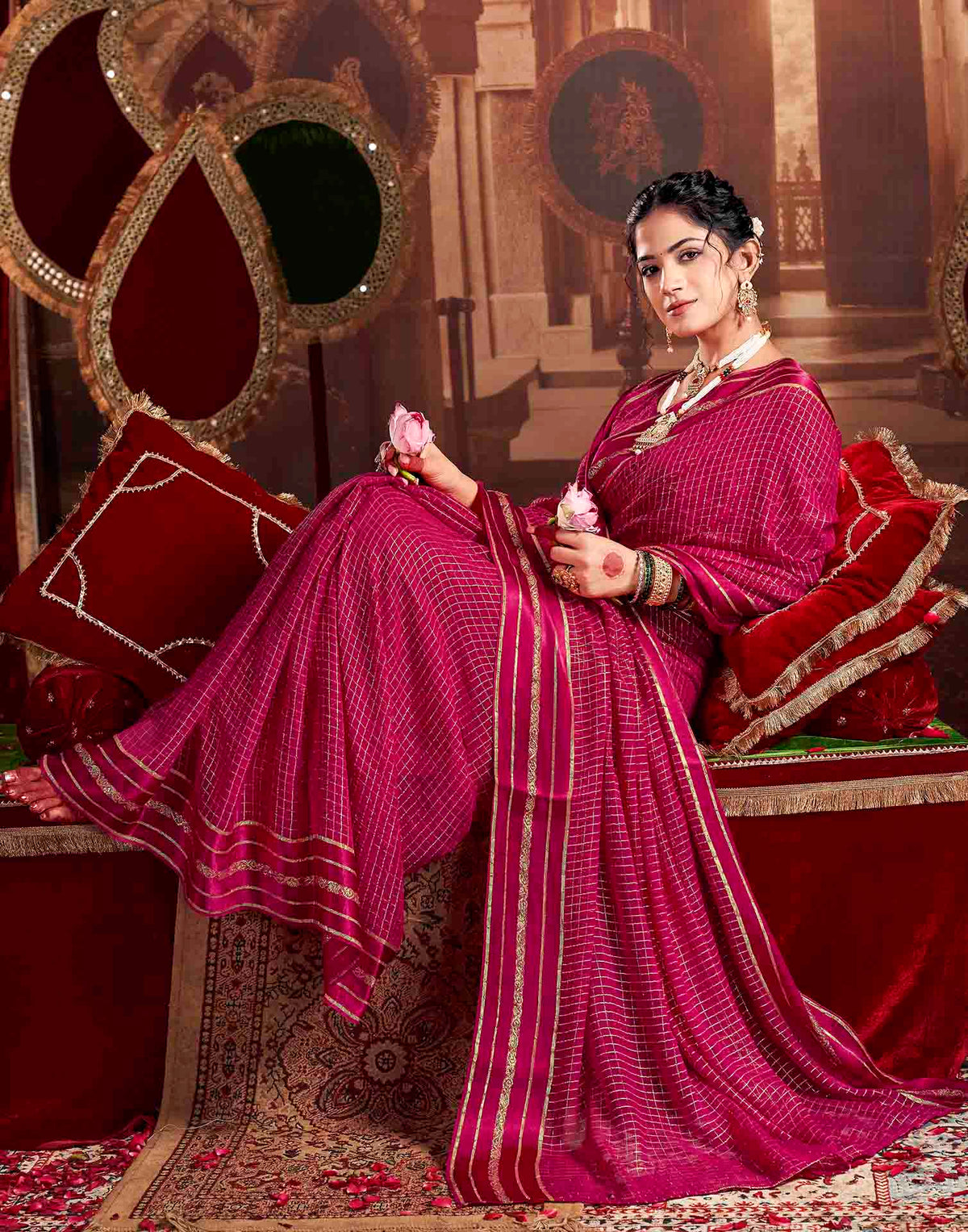 Rani Pink Georgette Woven Checked Saree