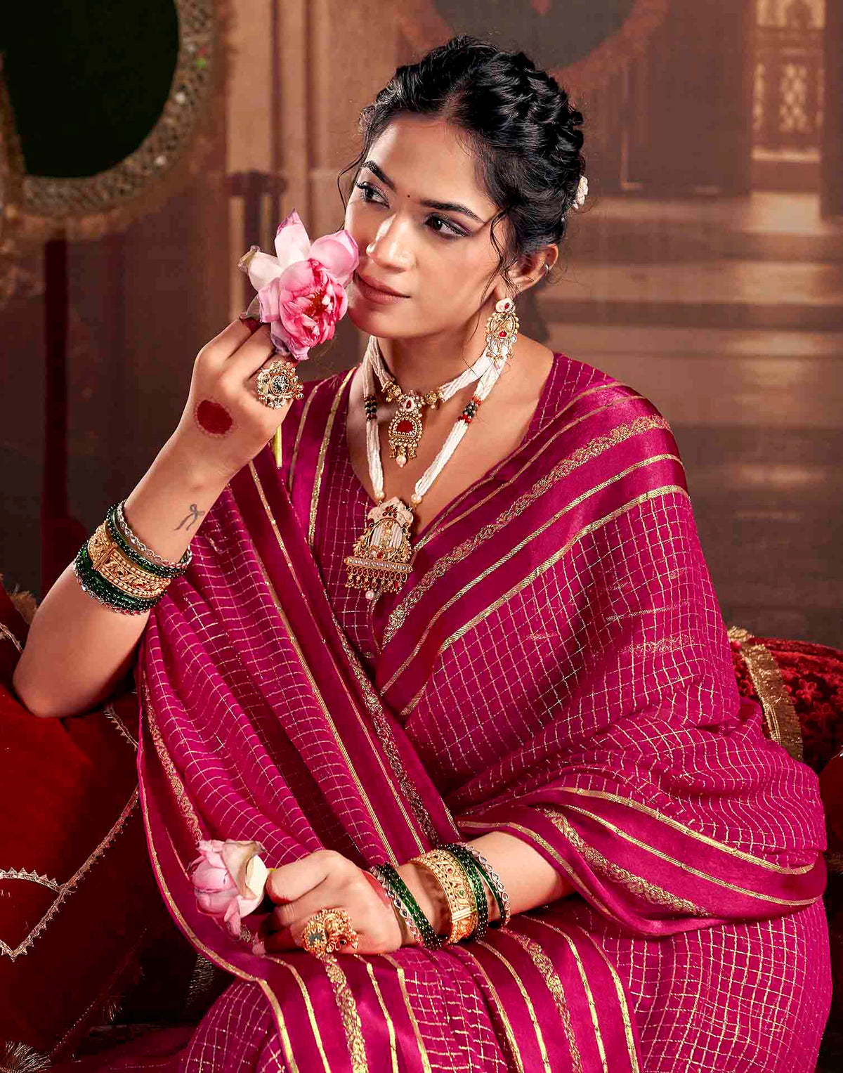 Rani Pink Georgette Woven Checked Saree