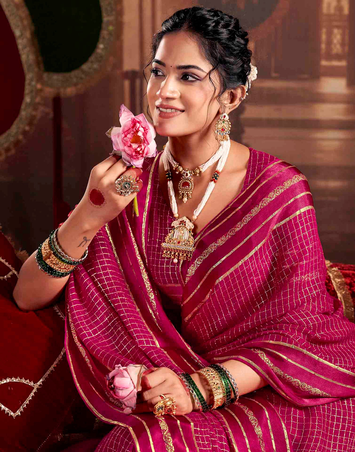 Rani Pink Georgette Woven Checked Saree
