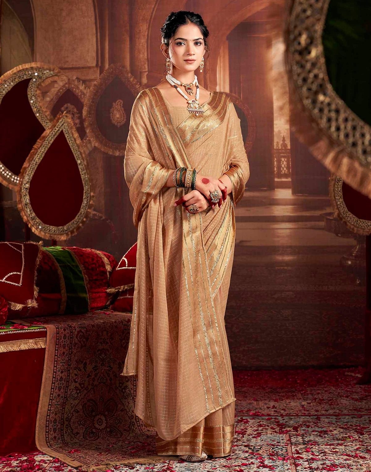 Cream Georgette Woven Checked Saree