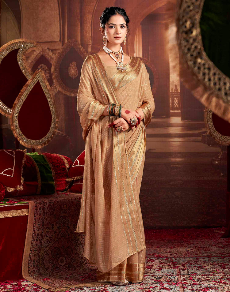 Cream Georgette Woven Checked Saree