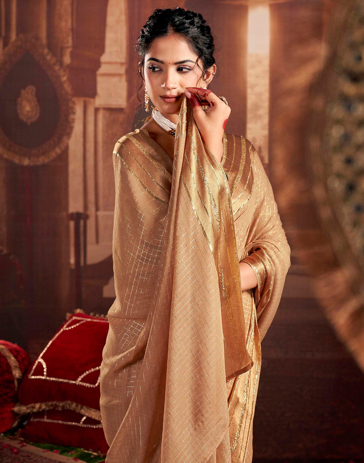 Cream Georgette Woven Checked Saree