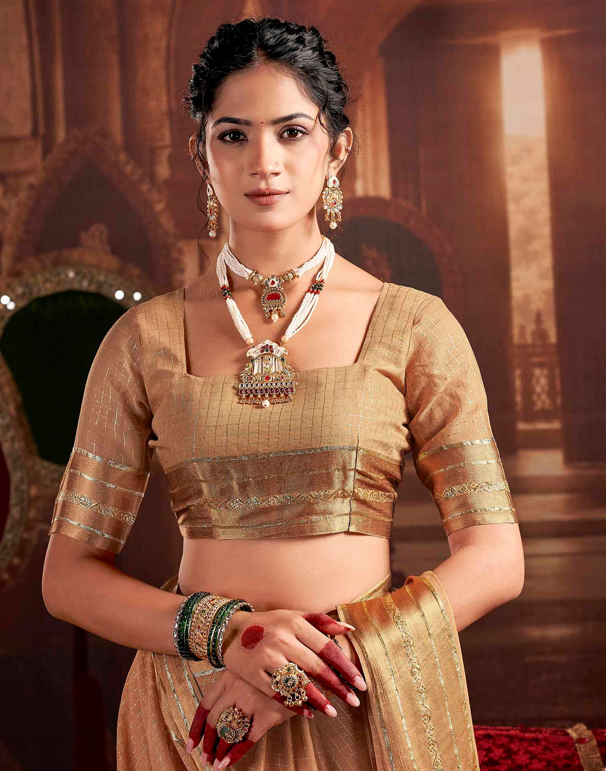 Cream Georgette Woven Checked Saree