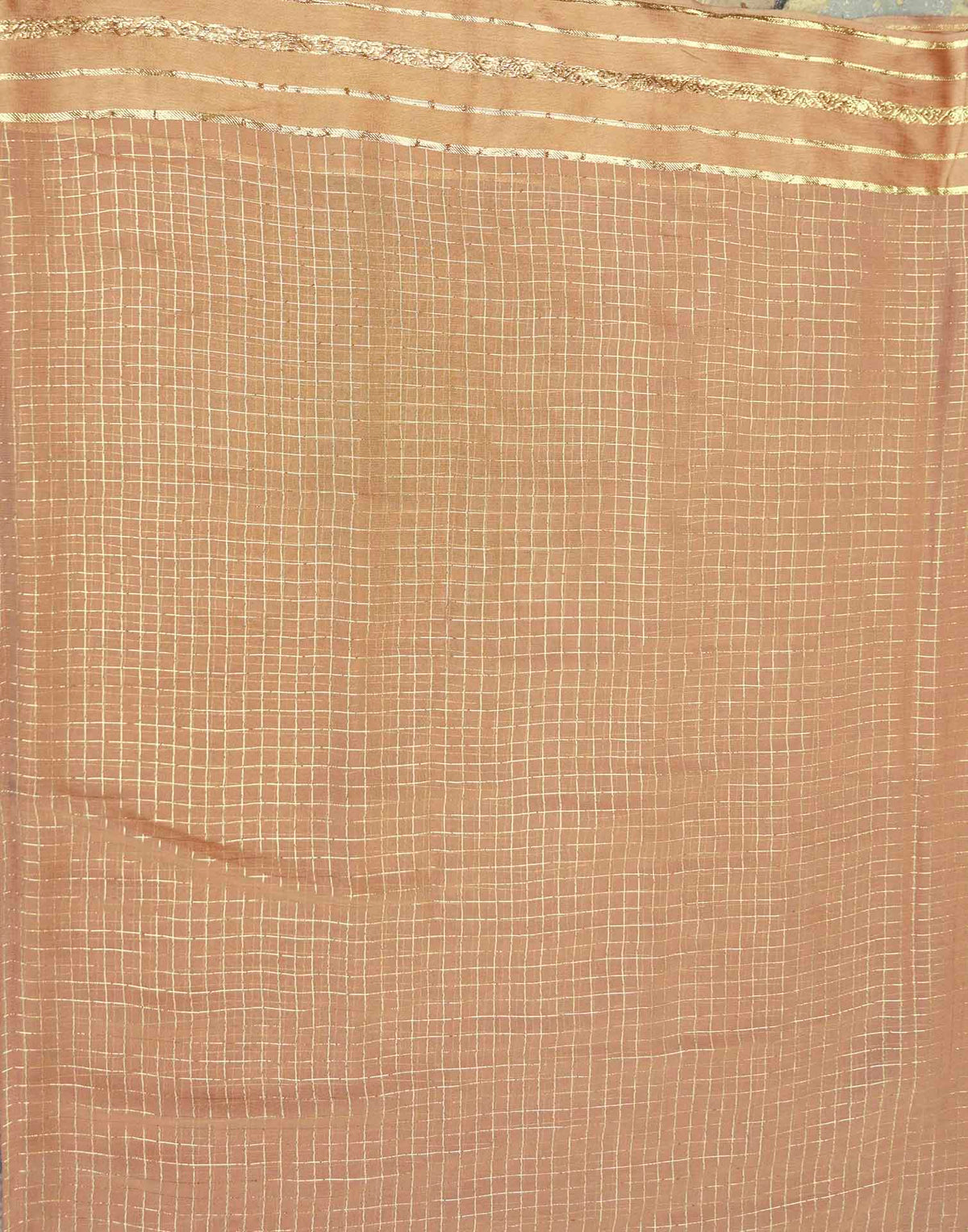 Cream Georgette Woven Checked Saree