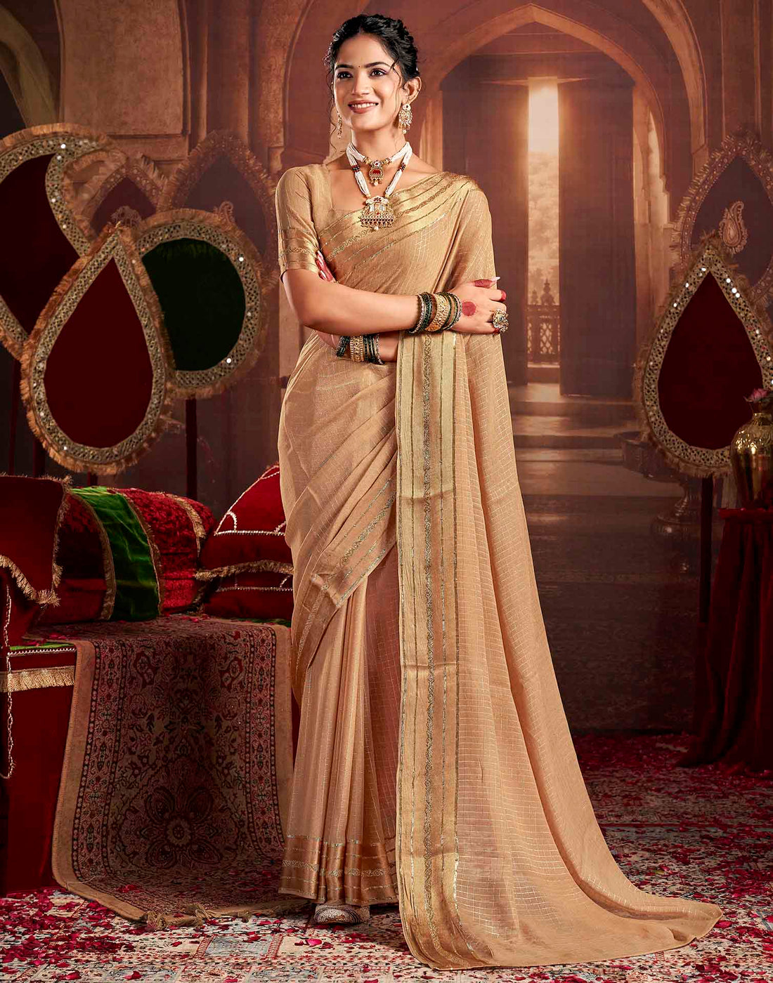 Cream Georgette Woven Checked Saree