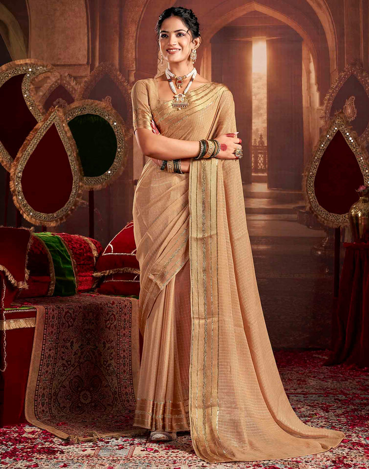 Cream Georgette Woven Checked Saree