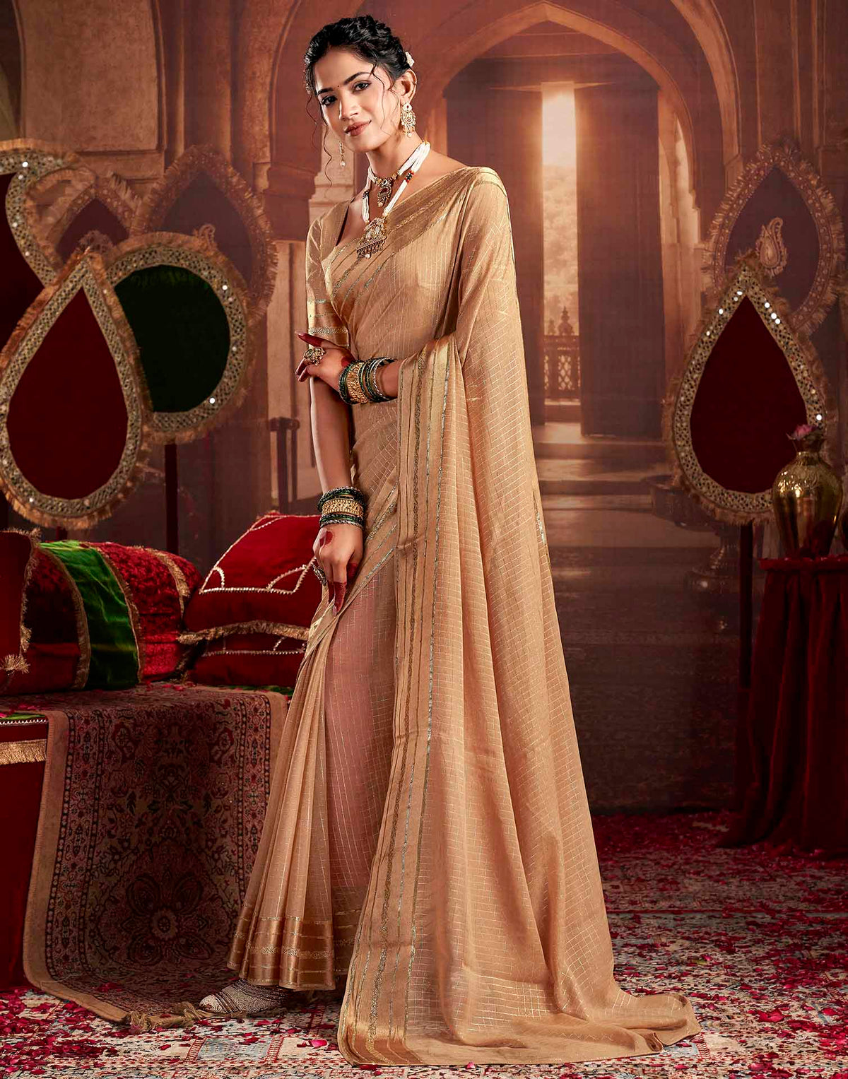 Cream Georgette Woven Checked Saree