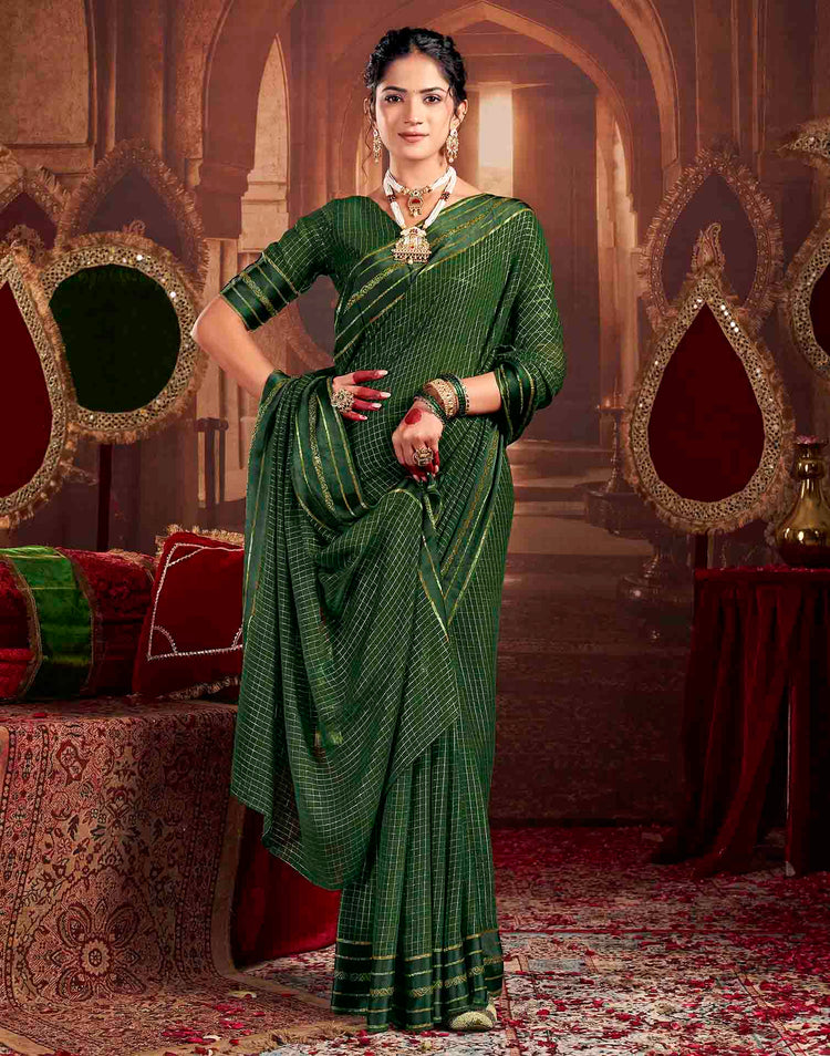 Green Georgette Woven Checked Saree